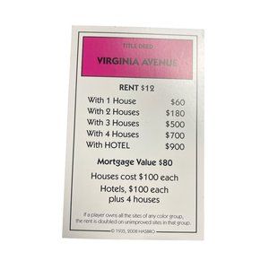 Monopoly Here Now Virginia Ave Property Title Deed Card Replacement 2008 u